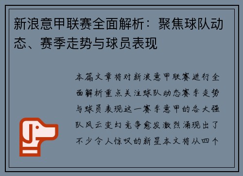 新浪意甲联赛全面解析：聚焦球队动态、赛季走势与球员表现