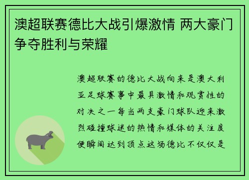 澳超联赛德比大战引爆激情 两大豪门争夺胜利与荣耀