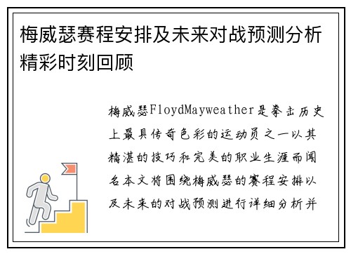 梅威瑟赛程安排及未来对战预测分析精彩时刻回顾