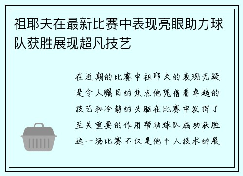 祖耶夫在最新比赛中表现亮眼助力球队获胜展现超凡技艺