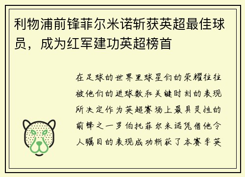 利物浦前锋菲尔米诺斩获英超最佳球员，成为红军建功英超榜首
