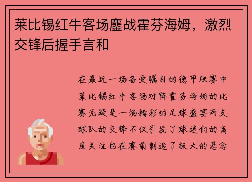 莱比锡红牛客场鏖战霍芬海姆，激烈交锋后握手言和